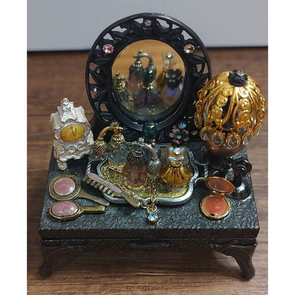 VTG Sweet Romance Trinket Box Ladies Dresser Mixed Brass Pewter Lamp Clock A11 - Picture 2 of 6